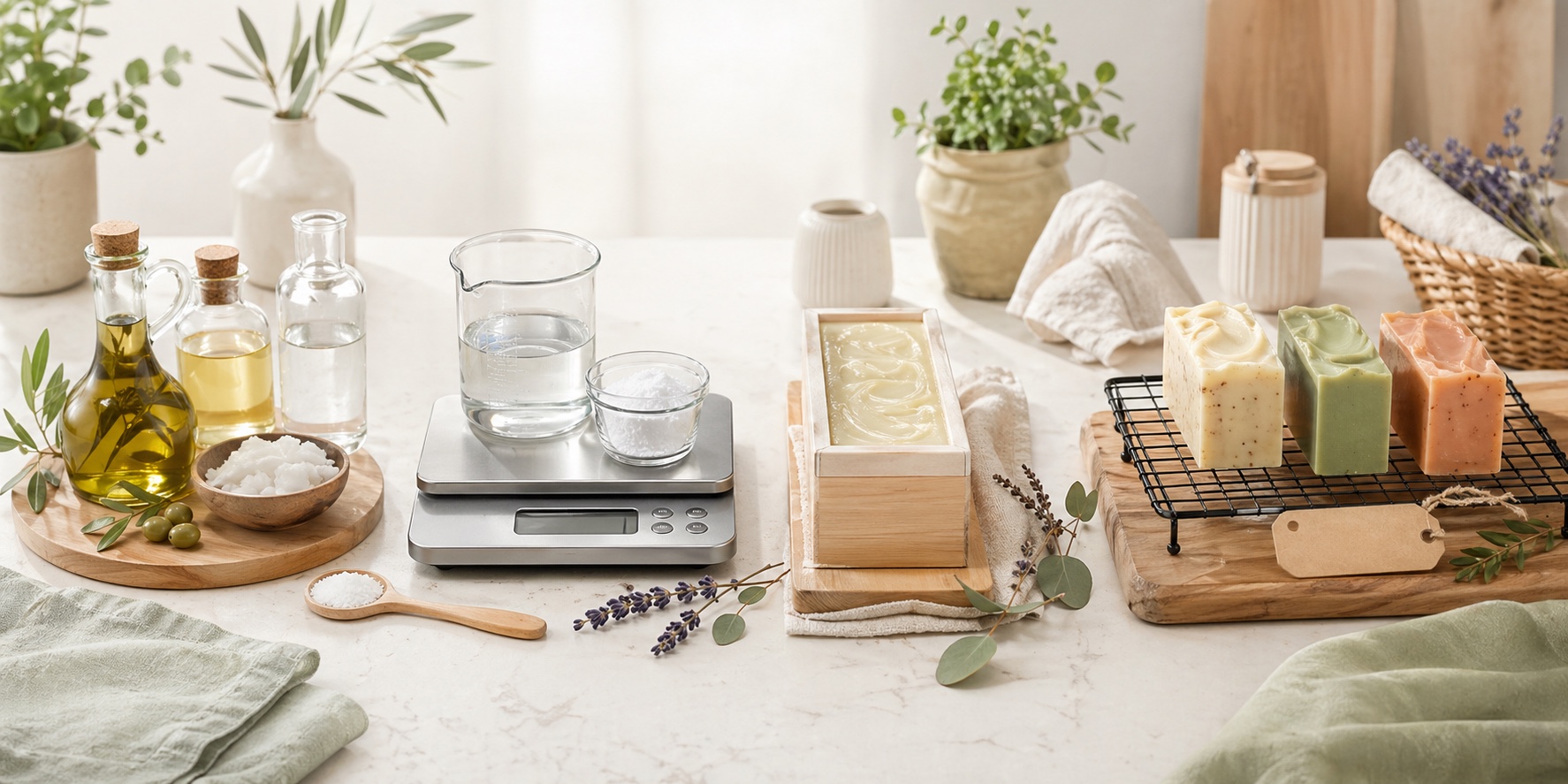 Soapmaking workflow from oils and scale to mold and cured soap bars